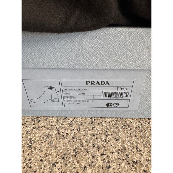 Prada Brown Suede Ankle Boots 37.5 | Logo Heel Zip Booties Made in Italy NIB - Picture 11 of 13